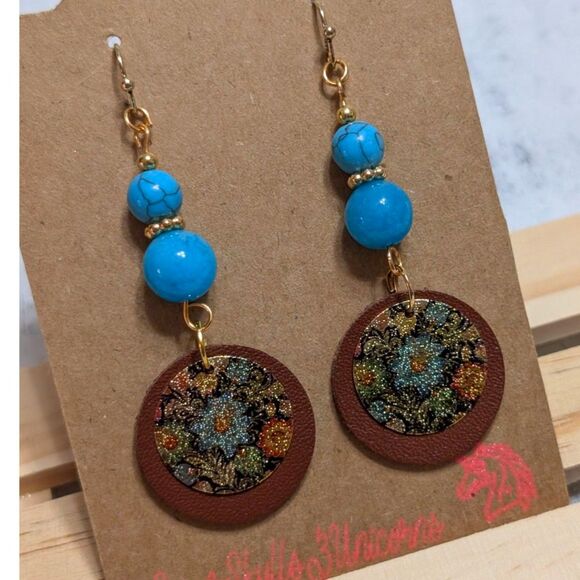 Bohemian Floral Leather Drop Earrings - Picture 1 of 3